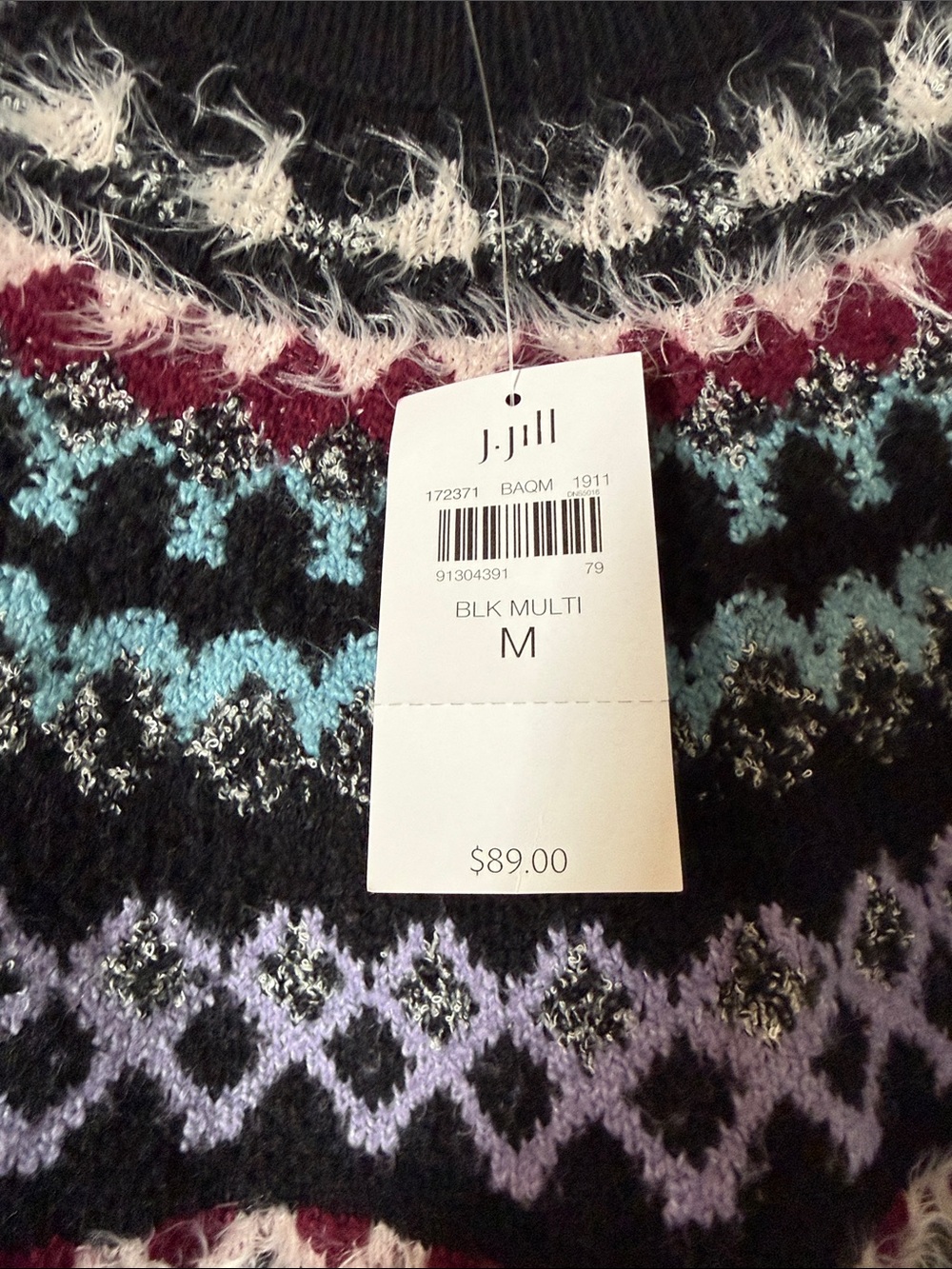 J. Jill Black Crewneck Sweater with Teal, Lavender & Burgundy Fair Isle Yoke - Picture 2 of 8